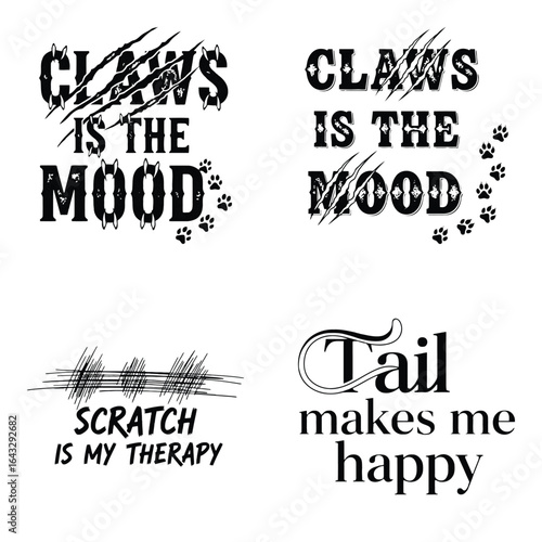 Art of collection of four catthemed quotes and sayings with artistic typography, isolated on white background