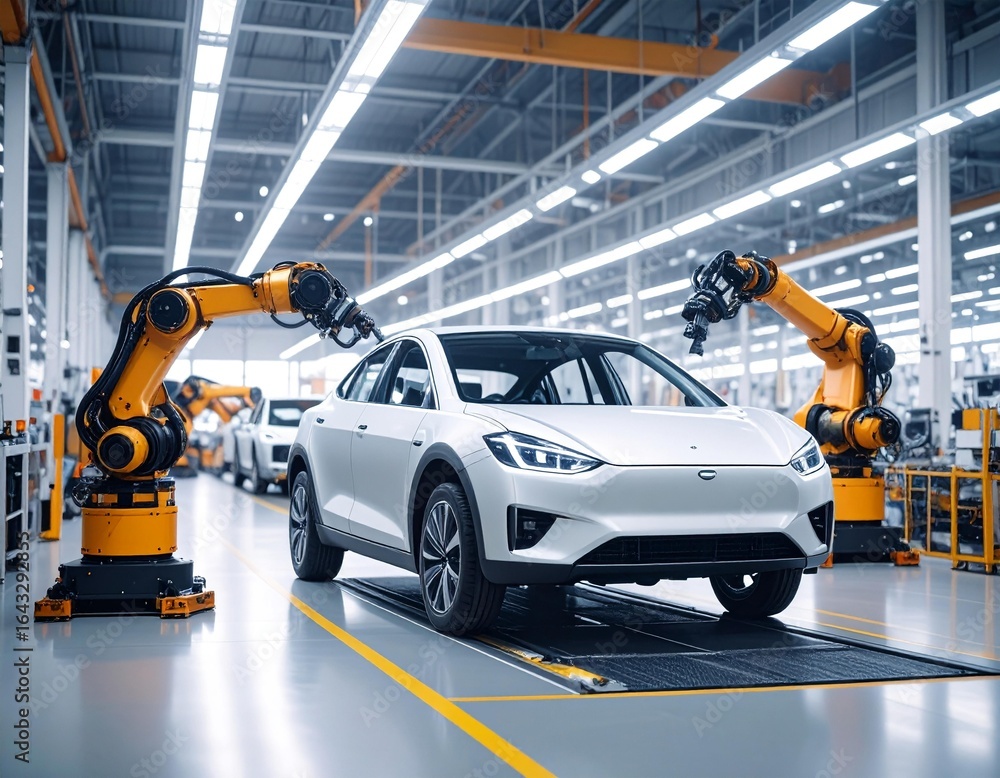Fototapeta premium Robotic Assembly Line: Precision Manufacturing of Electric Vehicle