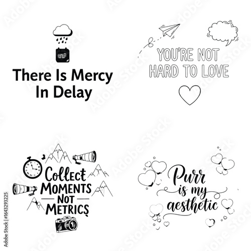 Art of collection of inspirational quotes and cute cat phrases with artistic lettering and modern design elements