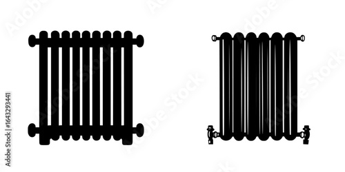 Two distinct styles of heating radiators displayed side by side illustrating modern and traditional designs with varying shapes