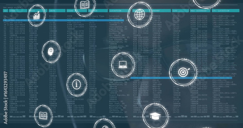 Photos Displaying dashboard screen presenting tabular data grid and overlay white circu