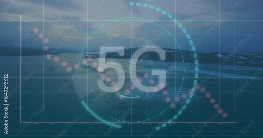 Obraz premium Displaying semi-transparent 5G text overlaying ocean view with HUD circles, dotted lines, grid axes