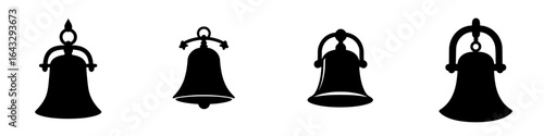 Collection of simple black silhouettes of various bell designs showcasing different shapes and sizes