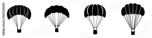Various designs of parachutes showcasing different shapes and styles in a simple graphic layout for educational purposes