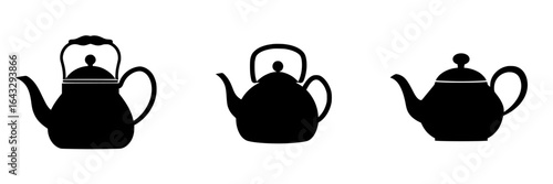 Silhouette collection of three distinct teapots in minimalist design showcasing various shapes and styles