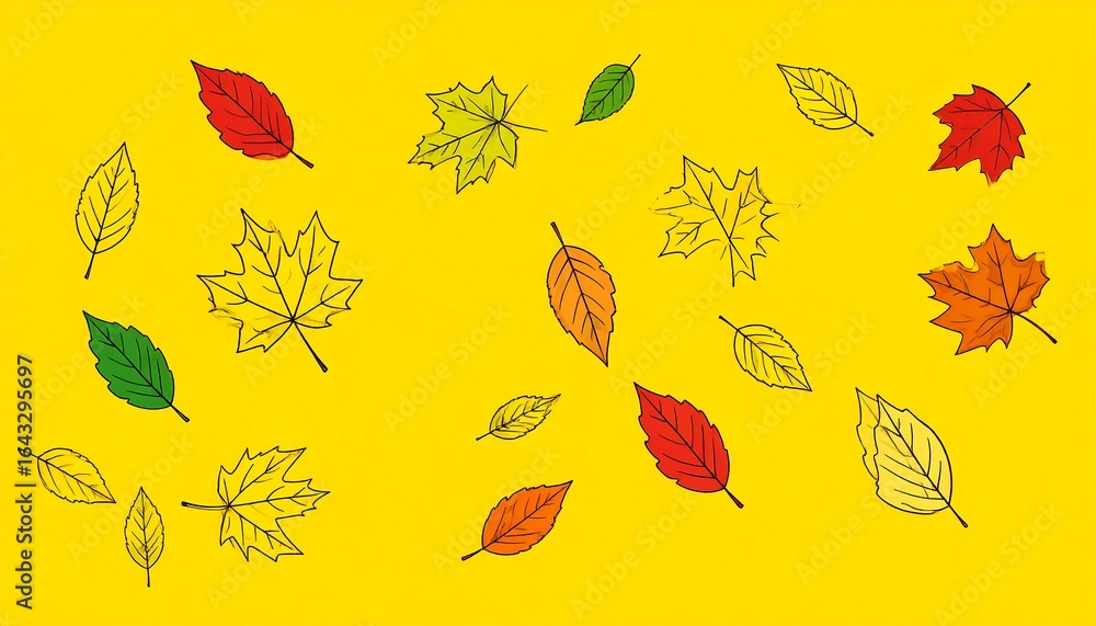 Fototapeta premium Autumnal Leaf Scatter: Vibrant Colored Leaves Against a Bright Yellow Backdrop Creating a Sense of