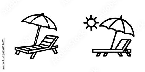 Icon depicting a sunbed and umbrella at the beach, featuring a simple lounge chair paired with a striped umbrella to convey a sense of relaxation and leisure in a resort or pool setting, illustrated