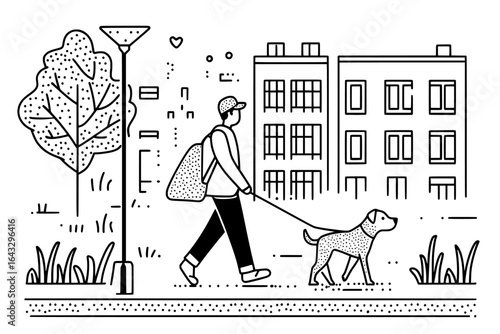 A healthy family is illustrated through the image of a man walking his dog in a city park, highlighting the importance of outdoor activities and pet care, depicted in a modern flat style cartoon with