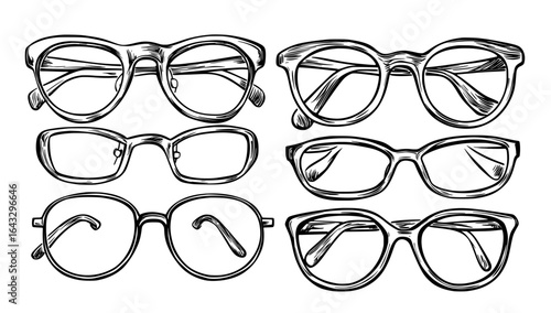 Isolated vision eyeglasses with optic lens and a black silhouette of retro sunglasses rims are part of a modern eyewear set that includes an assortment of modern fashion accessory forms and an