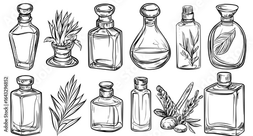 Fragrance bottles made of realistic clear glass, containing perfumes, are complemented by a collection of elegant cosmetic makeup vials and modern aroma water sprays in different shapes intended for