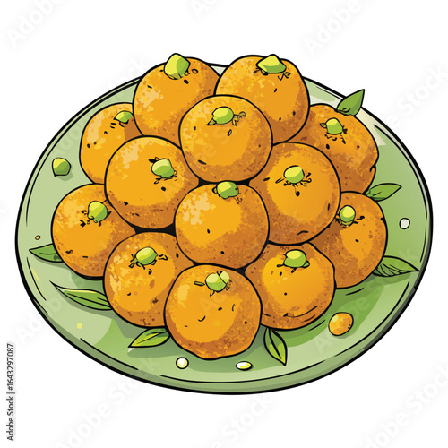 A delightful illustration of sweet orange laddu balls generously garnished with green pistachios on a light green plate
