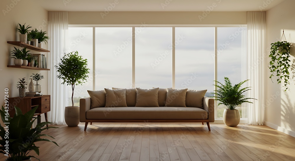Fototapeta premium living room interior with large floor to ceiling windows, walnut sofa, and indoor plants