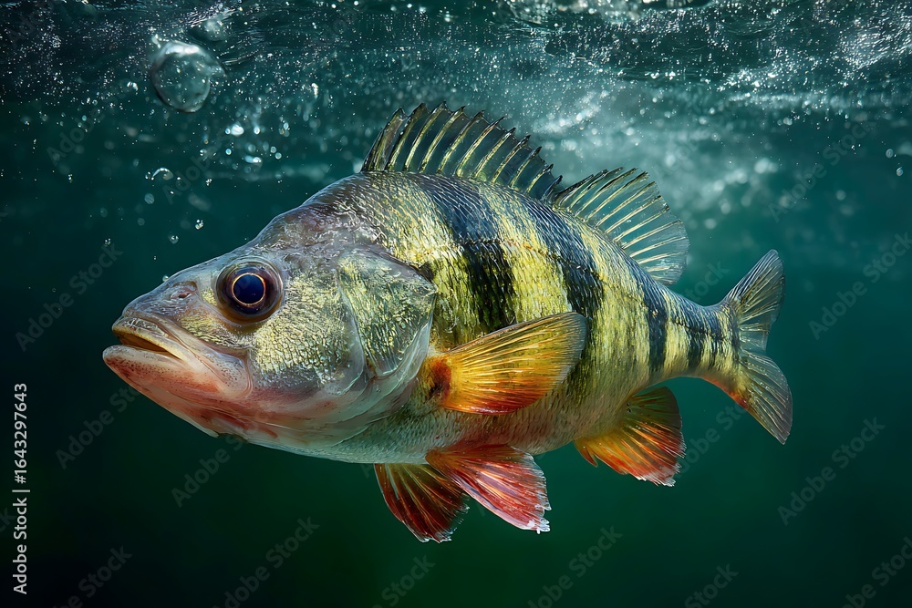 Fototapeta premium Fishing trophy with large perch on green background 