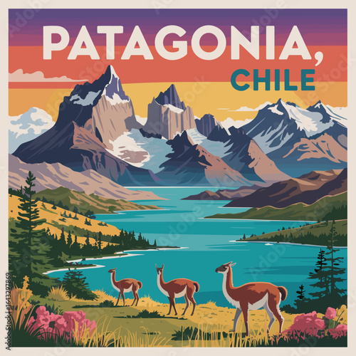 Patagonia Chile Retro Travel Poster