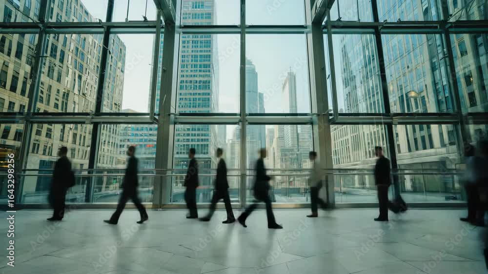 Time-lapse of bustling city financial district with blurred motion pedestrians and sunlight reflections on glass skyscrapers, energetic business atmosphere