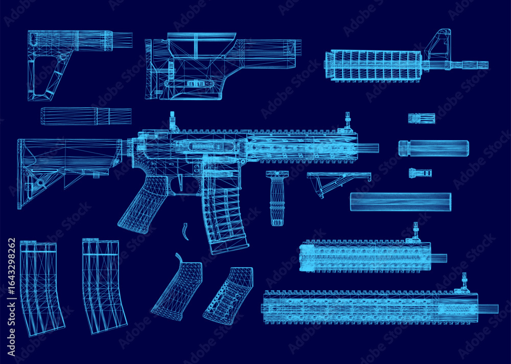 Fototapeta premium Detailed blueprint of an rifle with modular components on a blue background. The wireframe design highlights the barrel, magazine, and other key parts.