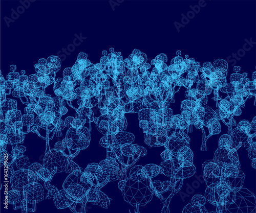 A cluster of trees forms an intricate wireframe pattern against a striking blue background. The geometric arrangement creates a visually captivating effect with clean lines and negative space.