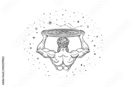 Illustration of a muscular man holding a disc with a constellation and stars in a black and white style