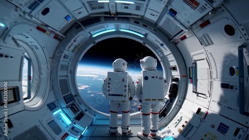 Astronauts in spaceship corridor looking at Earth