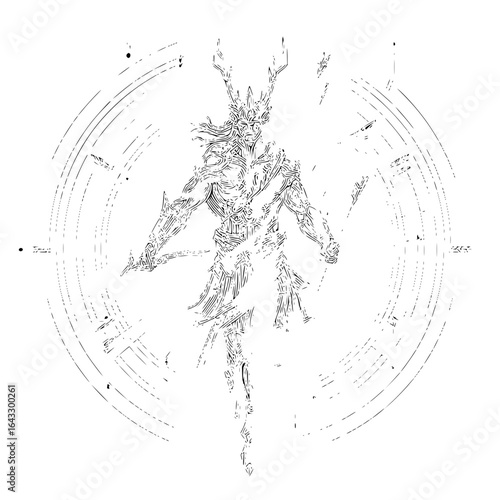 Stylized drawing of a horned figure with an intricate design standing inside a circular frame design
