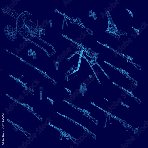 Blueprint of a machine gun with detailed wireframe design on a blue background. The illustration includes labeled components like the barrel, muzzle, and handle.