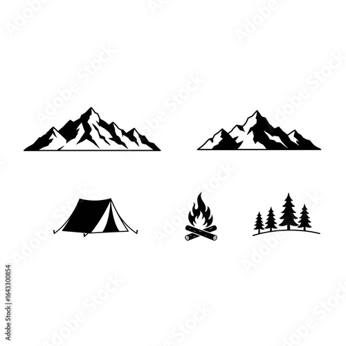 Cute vintage black and white tent campimg with crescent moon stars in night time doodle icon flat vector design.