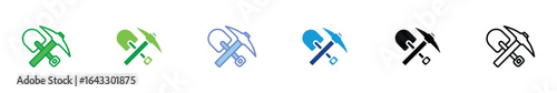 Mining Tools Icon Set – Pickaxe and Shovel in Color and Outline Style for Construction, Excavation, and Industry