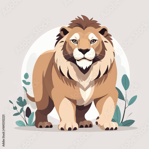 Majestic flat-style cartoon Smilodon walking towards the viewer