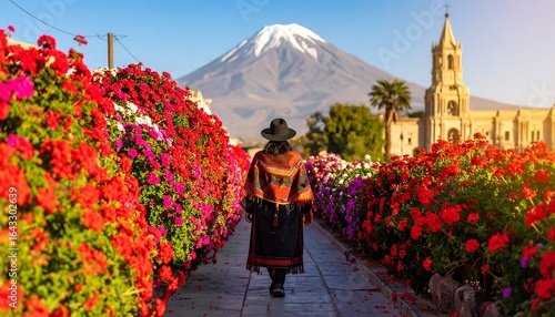 Person walking a path lined with vibrant flowers, a snow-capped volcano in the background