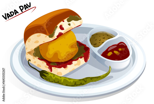 Vada Pav with Red & Green Chutney on Plate. Traditional Mumbai Street Food Illustration