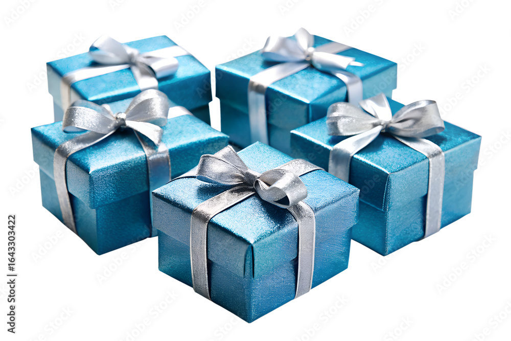 Obraz premium A group of blue and silver gift boxes with ribbons and bows, perfect for christmas, birthdays, or any special occasion isolated on transparent background