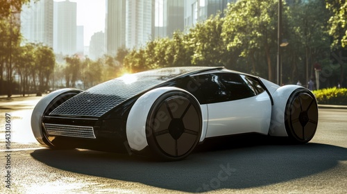 Futuristic Solar Powered Car Concept in an Urban Cityscape Environment