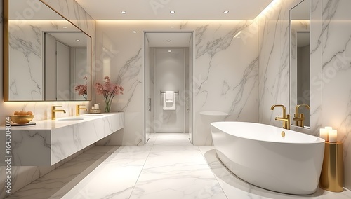 Wallpaper Mural "High-end luxury bathroom with white marble walls, gold fixtures, freestanding bathtub, large mirror, soft warm lighting"

 Torontodigital.ca