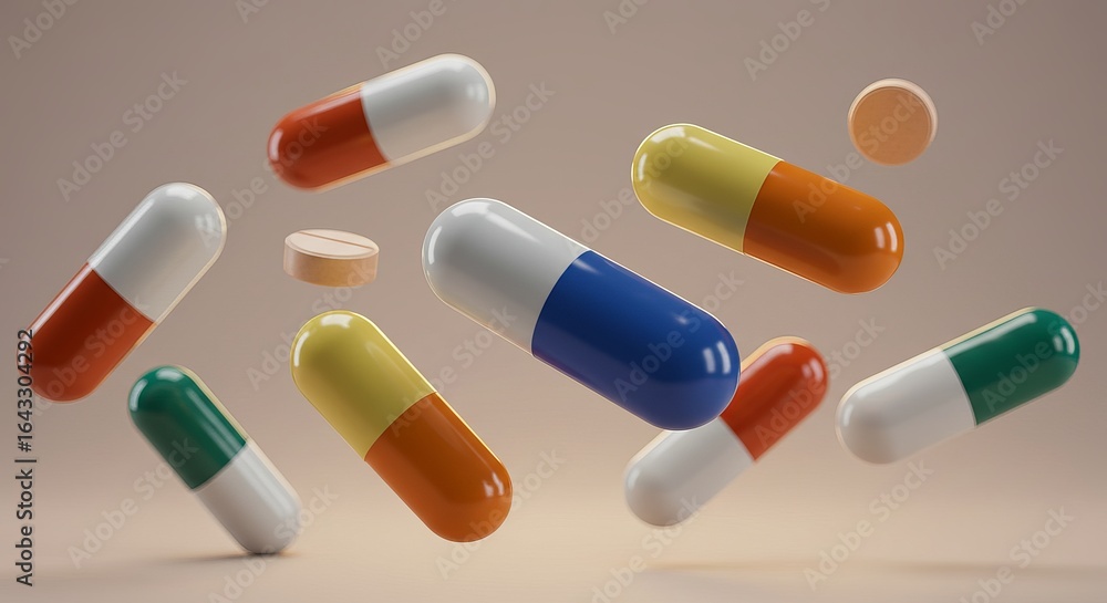 © Ann Studio - An assortment of multi-colored capsules and tablets float against a soft beige background with subtle lighting. © Ann Studio - An assortment of multi-colored capsules and tablets float against a soft beige background with subtle lighting.