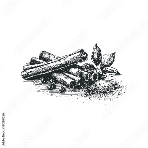 Vintage Sketch of Cinnamon Sticks with Spice and Leaves