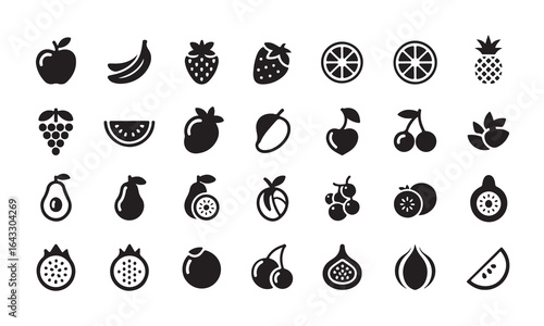 Collection of solid black fruit icons in various types