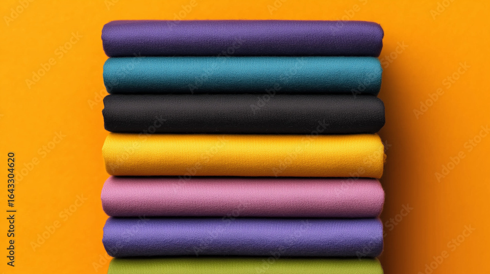A stack of colorful t-shirts, neatly folded and arranged on an orange background. The colors include purple, teal blue, black, pink, yellow, and green. A stack of colorful t-shirts, neatly folded and arranged on an orange background. The colors include purple, teal blue, black, pink, yellow, and green.