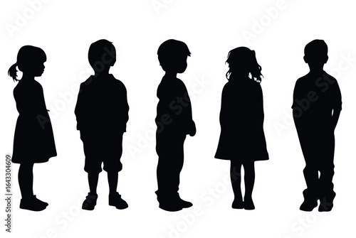 Black silhouette collection of small children standing. clean design on white background emphasizes innocence and childhood, suitable for posters, books, parenting blogs and charity visuals