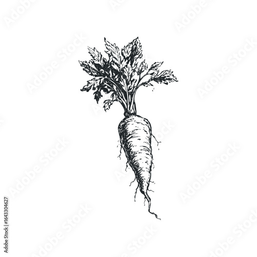 Sketch of a freshly harvested carrot with leafy green tops