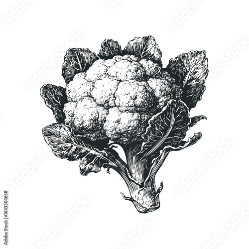Linocut Style Cauliflower Vegetable with Leaves Isolated on White