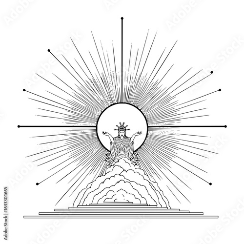Line drawing of a figure with sun rays sitting atop clouds and stairs in a black and white illustration