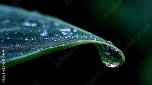A close-up of a green leaf with water droplets glistening beautifully under soft light.