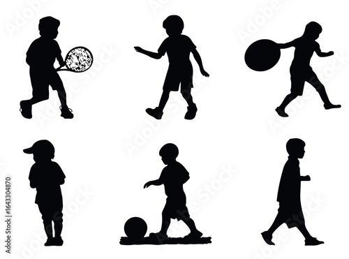 Minimalist set of kids in active poses such as running, jumping, playing ball, shown in clean silhouette style. Ideal for PE materials, children's fitness programs, school banners and mobile apps