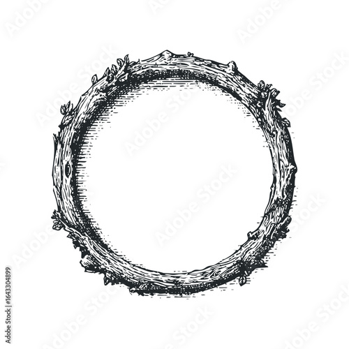 Intricate wood branch circle frame with leaves, graphic design element