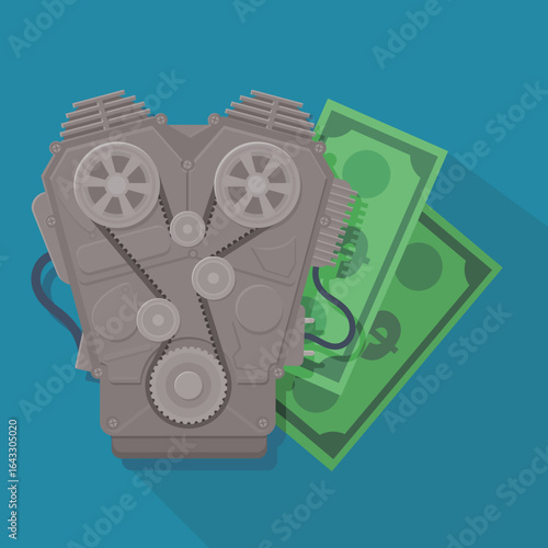Internal combustion engine with dollar banknotes in flat design style on a blue background with long shadow	