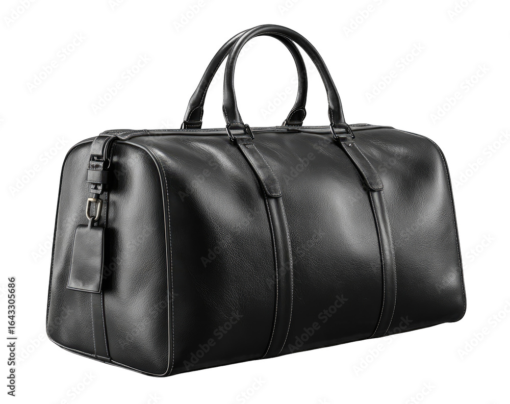 Naklejka premium Black leather duffel bag, angled view