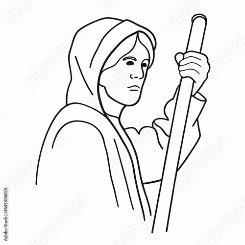 Line drawing of hooded individual holding a white cane for accessibility and mobility with copy space