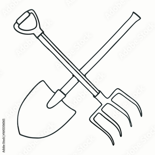 Crossed garden shovel and rake tool illustration for landscaping and gardening with copy space for earth day
