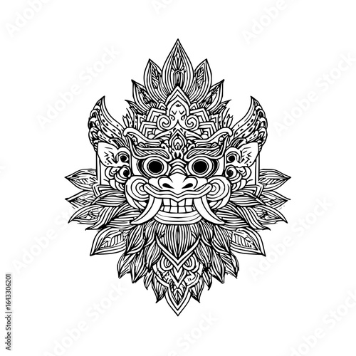 Detailed monochrome drawing of a mythical creature with ornate patterns and sharp teeth design art