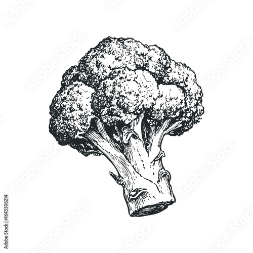 Detailed ink sketch of fresh broccoli on a white background